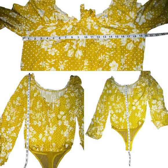 Free People One On One Date Bodysuit Marigold Combo Top Bell Sleeve MED - Picture 9 of 10